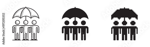 Three people with different body styles under a solid umbrella vector icon design set.