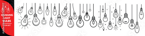 Hanging Light Bulbs Illustration Decorative Lighting Fixtures Black and White Vector Design Electric Lamp Idea Concept Creative