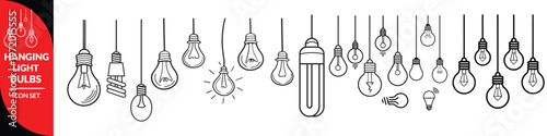 Hanging Light Bulbs Illustration Decorative Lighting Fixtures Black and White Vector Design Electric Lamp Idea Concept Creative