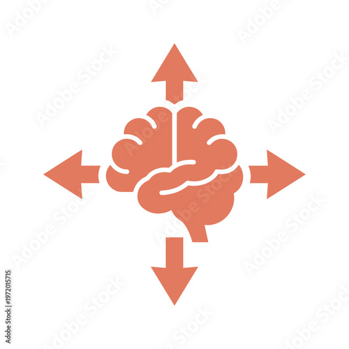 創造的な思考と多角的な視点を表現する、オレンジ色の脳と四方向の矢印のベクターイラスト。アイデア発想、問題解決、戦略的思考の概念を象徴するグラフィックリソース。