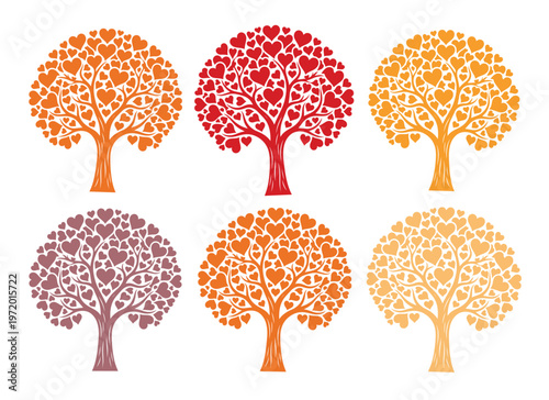 ハートの葉が茂る愛の木、ロマンチックなバレンタインデーや結婚式のデザインに最適なカラフルなベクターイラストセット。愛情、成長、生命の象徴。