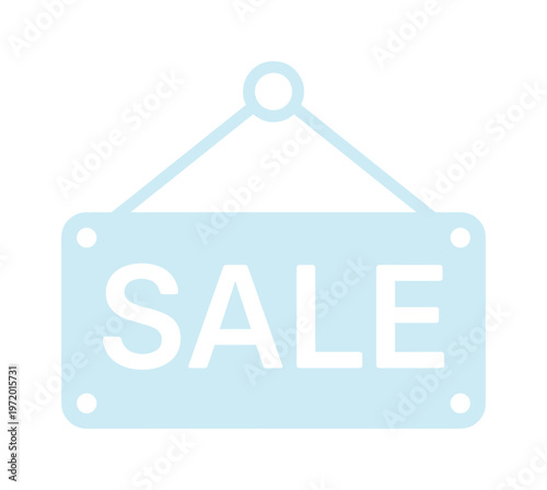 セールを示す水色の吊り下げ看板アイコン、割引やプロモーションを告知するシンプルなベクターイラスト、オンラインストアや広告バナーに最適な販売促進シンボル
