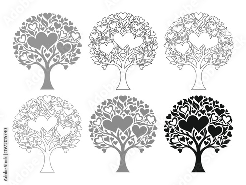 愛と絆を象徴するハートの葉が茂る生命の木、結婚式や記念日、バレンタインデーに最適なロマンチックなベクターイラスト素材集、モノクロームのシルエットとアウトラインデザイン6種