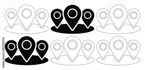 マップピンのアイコンセット、シンプルな白黒のロケーションマーク、GPSナビゲーションと場所を示すベクターイラスト素材、ウェブサイトやアプリデザインに最適