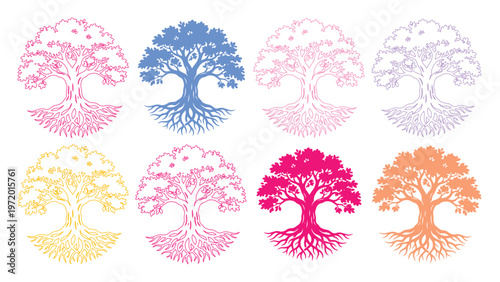 生命の樹、根と枝が広がる円形のデザイン。ピンク、ブルー、オレンジなどカラフルな木々のベクターイラストセット。自然、成長、家族の絆を象徴するグラフィック素材。