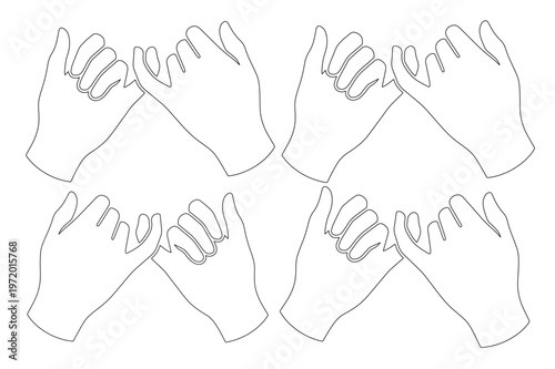 指切りげんまんの約束、信頼と友情を象徴する手と指のジェスチャー、シンプルな線画イラストレーション、絆を深める関係性のシンボル、ベクター素材