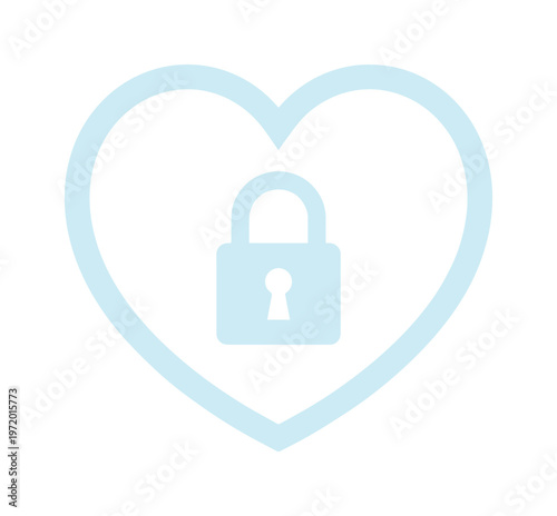 ハートと鍵のアイコン、淡い水色のシンプルなセキュリティシンボル、デジタルプライバシー保護とロマンスを表現するベクターイラスト、WebサイトやアプリのUIデザインに最適