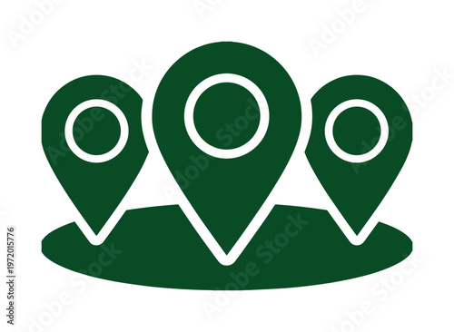 位置情報を示す3つの緑色のピンアイコン、地図上の場所や目的地を示すシンプルなベクターイラスト、GPSナビゲーションやロケーションサービスに最適なグラフィックリソース