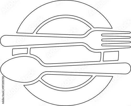 ミニマルな食器のモノクロベクターイラスト、フォーク、スプーン、ナイフが円形のプレートに配置されたシンプルな食事アイコン、レストランやカフェのロゴ、メニューデザインに最適なグラフィック素材