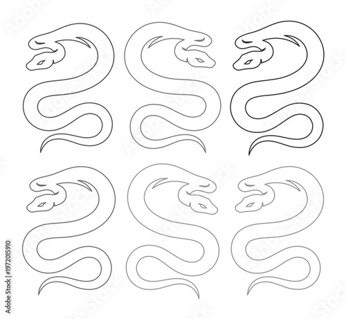 双頭の蛇のベクターイラストセット、神秘的な生き物の線画、タトゥーデザインやファンタジーアートに最適な神話上の動物のコレクション、白黒のグラフィックリソース