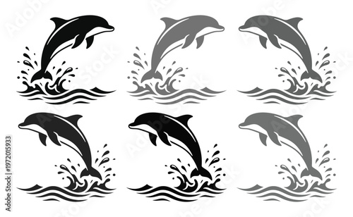躍動感あふれるイルカのシルエット、水しぶきと波を伴うジャンプするドルフィンベクター素材集。海洋生物、水生動物のロゴやアイコンデザインに最適なモノクロ・グレースケールイラスト。