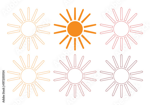 太陽のアイコンセット、夏のシンボル、日差しと暖かさを表現するベクターイラスト、ウェブサイトやアプリデザインに最適なグラフィック素材