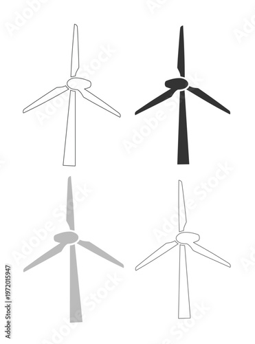 風力タービンアイコンセット、再生可能エネルギーと持続可能性を象徴するクリーンな電力生成のベクターイラスト。環境に優しい技術とエコフレンドリーな未来を表現するシンプルなモノクロデザイン。