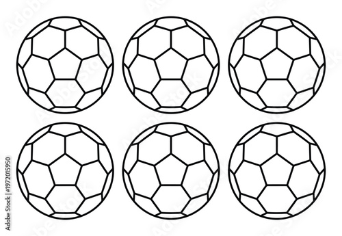 サッカーボールのシンプルな線画アイコンセット、白黒のミニマルなフットボールイラスト、スポーツイベントやウェブデザインに最適なベクター素材