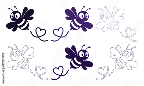 愛らしいミツバチの飛行軌跡、ハート型を描くキュートな昆虫キャラクターセット。バレンタインや結婚式のデザインに最適なベクターイラスト素材。