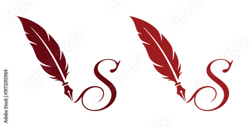 エレガントな羽ペンと流れるようなS字の筆記体ロゴデザイン、クラシックな赤茶色のインクを思わせるベクターイラスト素材、執筆や文学、伝統的なコミュニケーションを象徴するグラフィックリソース