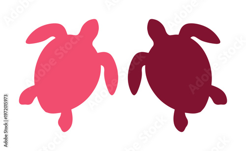 愛らしいウミガメのシルエット、ピンクとワインレッドの2匹の亀が並ぶ、シンプルで可愛い海洋生物のベクターイラスト素材。水生動物デザイン、子供向けコンテンツ、環境保護プロジェクトに最適なグラフィック。