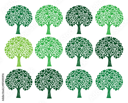 ハートの葉で構成された緑豊かな木々、愛と自然を象徴する12種類のベクターイラストセット。環境保護、成長、生命の美しさを表現するデザイン素材。