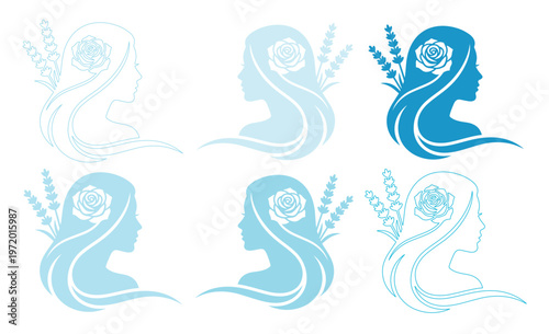 優雅な女性の横顔とバラ、ラベンダーのベクターイラストセット。美容、アロマ、リラクゼーションを象徴する青と白のシルエットアイコン。スパ、エステ、ウェルネス関連デザインに最適なエレガントな素材。