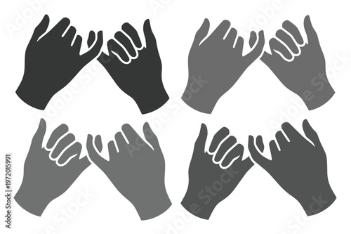 指切りげんまん、約束のジェスチャーを表現したモノクロベクターイラストセット。信頼と友情、パートナーシップを象徴する手と指の表現、ウェブサイトやアプリのアイコン、デザイン素材に最適。