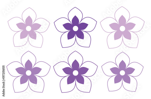 可憐な紫色の花々、6つのシンプルなベクターイラストセット。春の訪れを感じさせる、優雅で繊細なフローラルデザイン素材。ウェブサイトや印刷物、デザインプロジェクトに最適な、装飾的な花モチーフ。