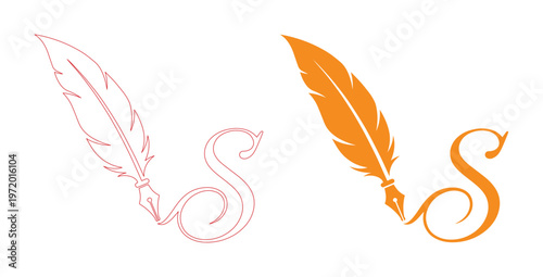 エレガントな羽ペンとインクのS字ロゴデザイン、執筆やクリエイティブな表現を象徴するベクターイラスト、文学、教育、法律関連のブランディングに最適