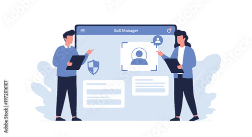 Two professionals managing user profiles on a digital interface.