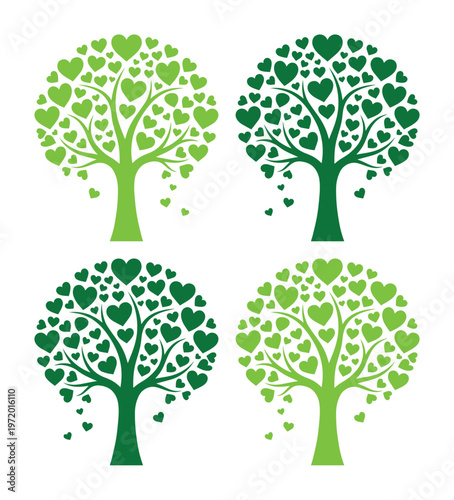 ハートの葉が茂る生命の木、愛と成長を象徴する緑豊かなベクターイラストセット。自然、環境、持続可能性のコンセプトに最適な4つのデザイン。