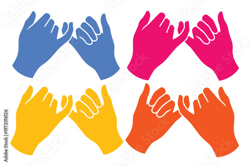 指切りげんまん、約束のジェスチャー、信頼と友情を示すカラフルな手のイラストセット、ベクター素材