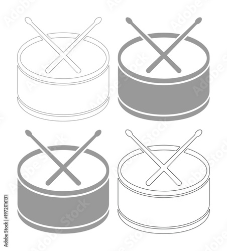 ドラムとドラムスティックのモノクロベクターアイコンセット、音楽とリズムを表現するシンプルな楽器イラスト、ウェブサイトやアプリのUIデザインに最適なドラムのシンボルコレクション