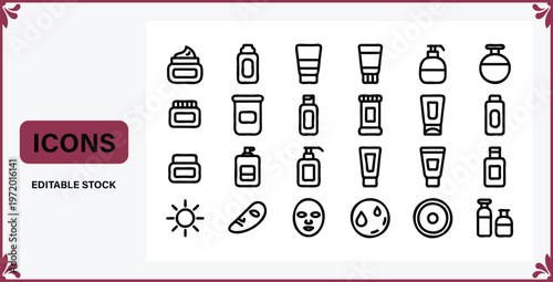 Collection of black line icons for various cosmetic products and skincare tools on white background with red border