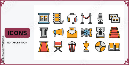 Collection of colorful film and media icons on white background  filmstrip  headphones  microphone  movie camera  cinema  film awards
