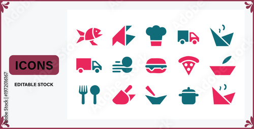 Collection of colorful food and delivery icons on white background  editable stock graphics