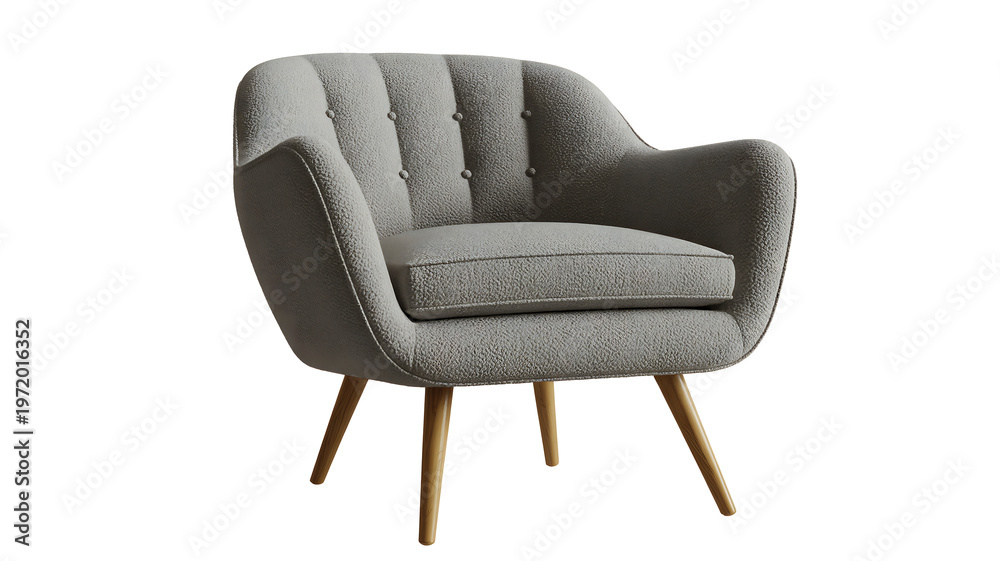 Fototapeta premium Modern Gray Bouclé Armchair with Wooden Legs Isolated on White Background