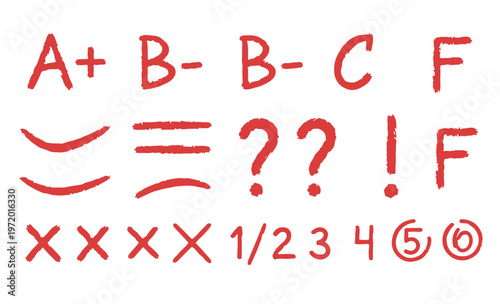 Hand drawn red ink school grading symbols including letter grades, numbers, check marks, and punctuation used by teachers for evaluating student performance on academic assignments