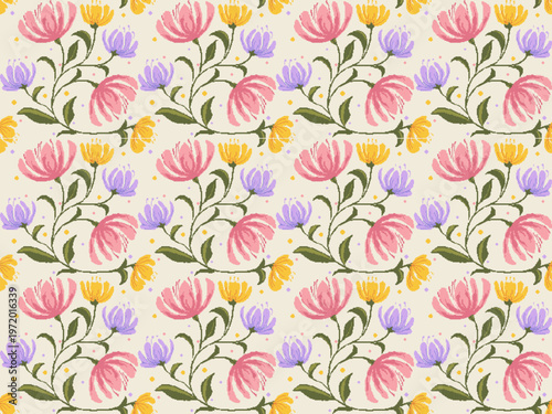 Pixelated blooming flower images are suitable for fabric prints, continuous patterns, and woven designs.