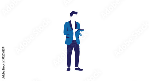 Vector illustration of a man in a suit holding a tablet.