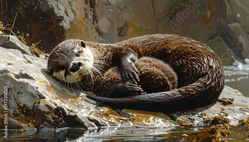 A serene otter rests on a rocky shoreline