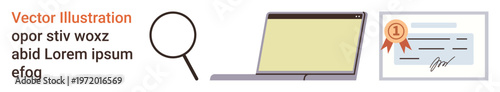 Digital security, credential validation, remote learning, teamwork, job screening, online education. A magnifying glass, laptop and certificate are placed side by side. Digital security