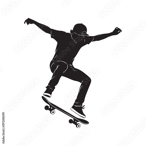 Skateboarder silhouette vector illustration of jumping athlete man in action sports style design