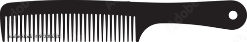 Black silhouette of a hair comb with a rounded handle and a hole for hanging on a white background.