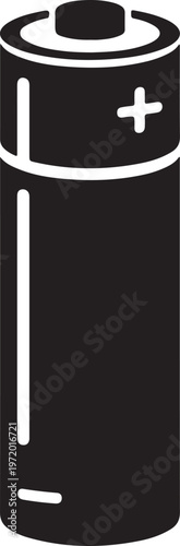 Black silhouette of a single AA battery on a white background, representing power and energy.
