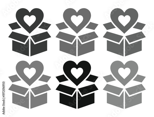 ハートが飛び出す段ボール箱のモノクロベクターアイコンセット、プレゼントや寄付、サプライズを表現するシンプルなグラフィック素材、ウェブサイトやアプリのUIデザインに最適
