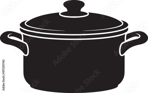 Simple black silhouette of a cooking pot with lid and handles on a white background.