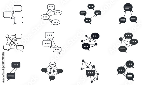 Visual representations of various conversation and network structures between entities