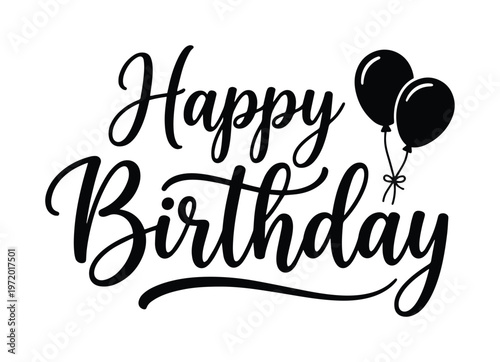 手書き風のハッピーバースデーレタリング、風船が添えられた誕生日のお祝いメッセージ、グリーティングカードや招待状に最適なベクターイラスト素材