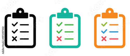 Clipboard checklist icons set with check. marks and X marks vector set, project tracking and task completion symbols