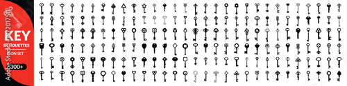 Key silhouettes, Antique key silhouettes. Medieval and modern keys, black vintage shapes set. Open door symbols, privacy and escape. Abstract tidy vector elements
