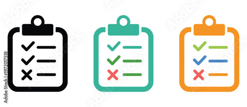 Clipboard checklist icons set with check, marks and X marks vector set, task management symbols, to-do list and planning icons, productivity and organization