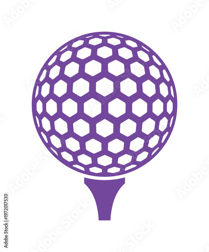 ゴルフボールとティーのシンプルな紫色ベクターアイコン、スポーツ、レジャー、健康的なライフスタイルを象徴するモダンなグラフィック素材、ウェブサイトやアプリのロゴデザインに最適な単色イラスト
